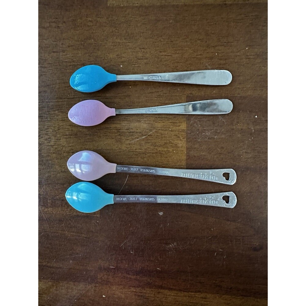 4 Metal Baby Feeding Spoons 2 Gerber & 2 Munchkin with Soft Tips Pink Teal Blue
